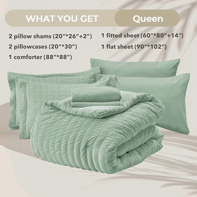 HYMOKEGE Sage Green Queen Comforter Set Seersucker 7 Pieces, All Season Luxury - Image 5