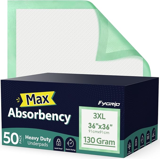 Fygrip 50 Count Hospital Grade 130 Gram 36” x 36” Max Absorbency Disposable by Fygrip