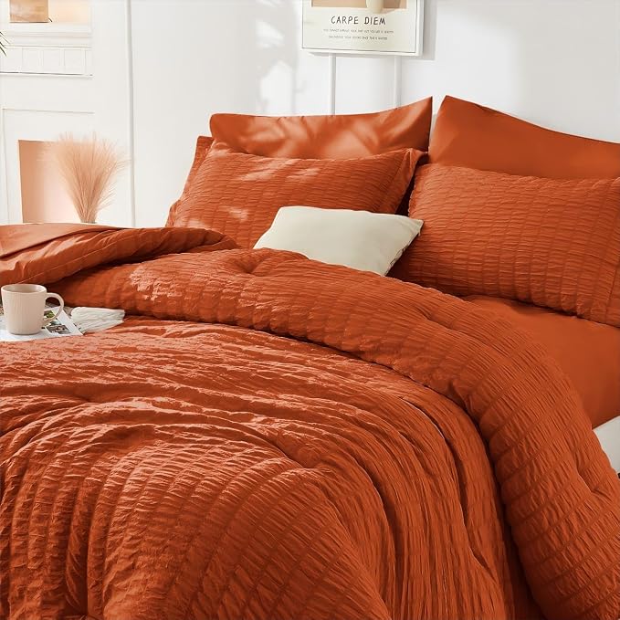 HYMOKEGE Burnt Orange Duvet Cover Full Size, Ultra Soft 3-Piece Seersucker - Image 4