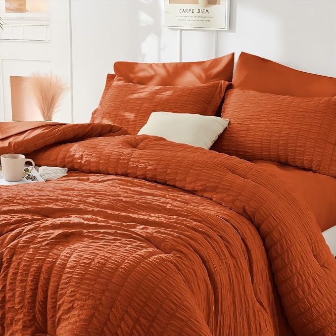 HYMOKEGE Burnt Orange Duvet Cover King Size, Ultra Soft 3-Piece Seersucker - Image 4
