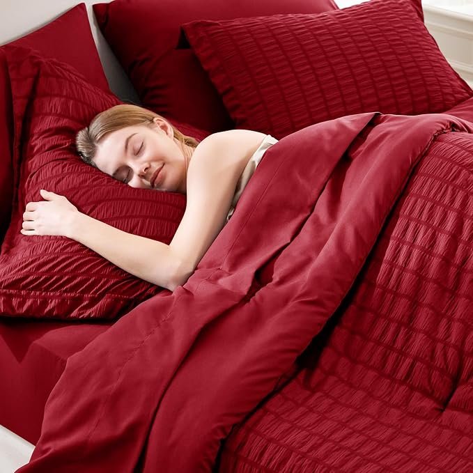 CozyLux Oversized Queen Comforter Set Dark Red Seersucker 7 Pieces 98x98 Bed in - Image 3