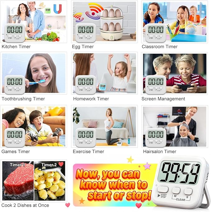 Antonki 2 Pack Digital Timer for Kids, Magnetic Countdown Kitchen Timers for - Image 7