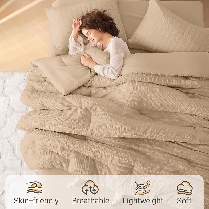 MUXHOMO 7 Pieces King Comforter Set, Seersucker Bed in a Bag King Size - Image 2