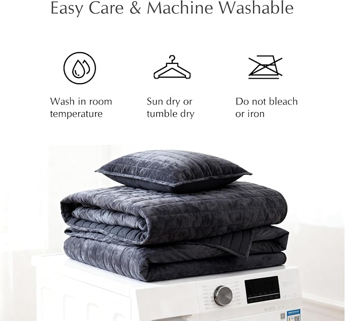 WRENSONGE Velvet King Size Quilt Set-3 Pieces Blue Grey Luxurious Velvet - Image 9