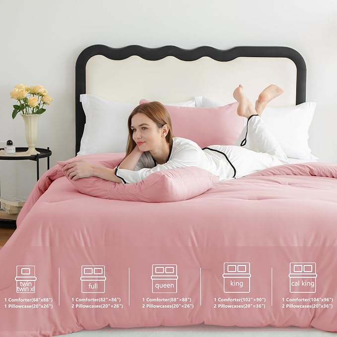 CozyLux Full Size Comforter Set Pink, 3 Pieces Solid Breathable Quilted Bedding - Image 6