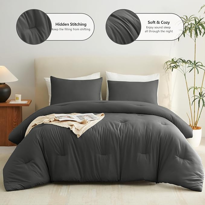 CozyLux Oversized Queen Comforter Set Dark Grey, 3 Pieces 98x98 Solid - Image 2