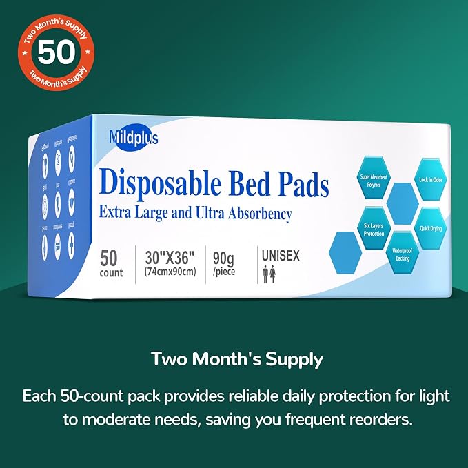 MILDPLUS 50 Count Disposable Bed Pads, 30x36 Inch Extra Large Incontinence - Image 7
