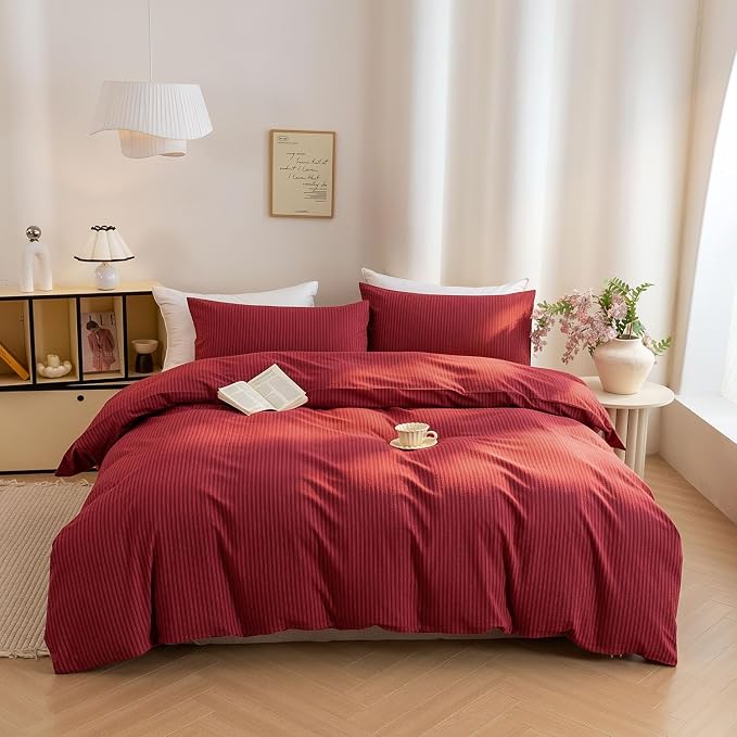 PinkMemory Red Striped Duvet Cover Queen 100% Washed Cotton Vintage Stripes by PinkMemory