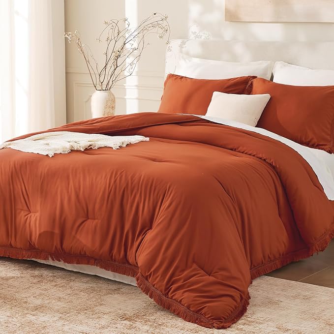 Andency Twin Comforter Set Burnt Orange, 2 Pieces Terracotta Boho Tassel Kids by Andency