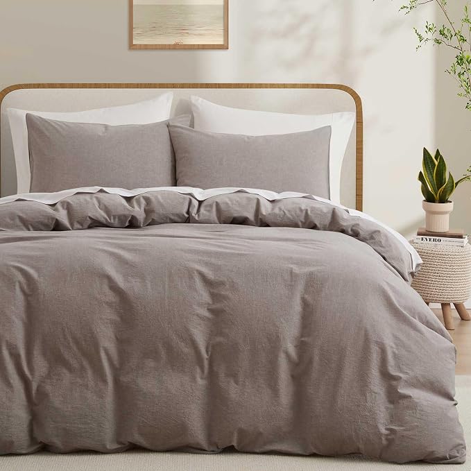 100% Cotton Duvet Cover Full Size, Mauve Brown Linen-Like Natural Bedding Set by LOVQUE
