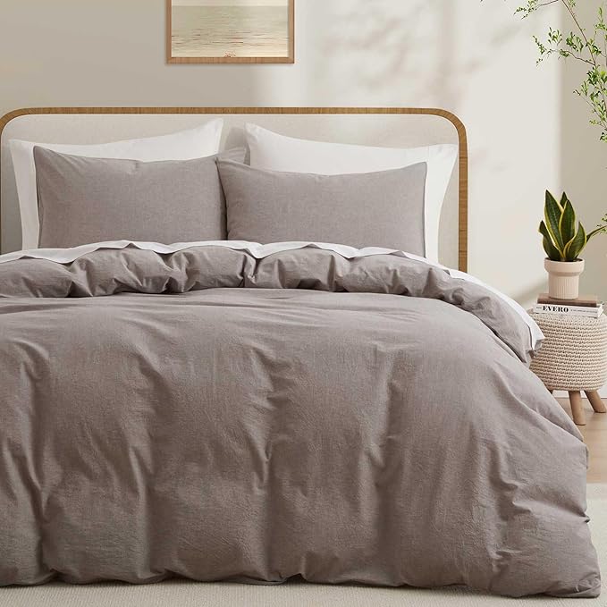 100% Cotton Duvet Cover Queen Size, Mauve Brown Linen-Like Natural Bedding Set by LOVQUE