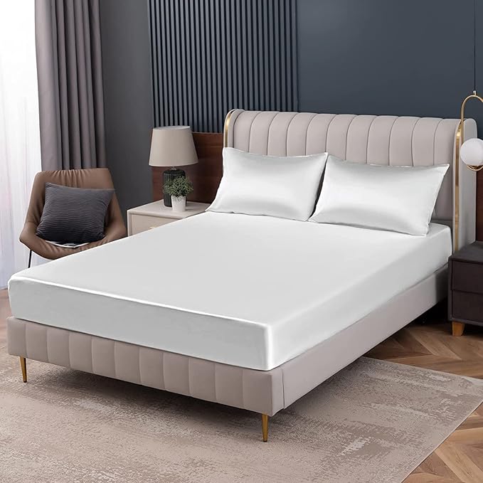 Homiest White Satin Fitted Twin XL Size Bed Sheet, Deep Pocket, Luxury & Ultra by Homiest