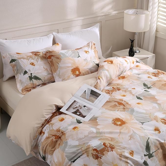 LONAVA Queen Flower 3 Pcs Duvet Cover Set, Breathable Soft Microfiber Biege by LONAVA