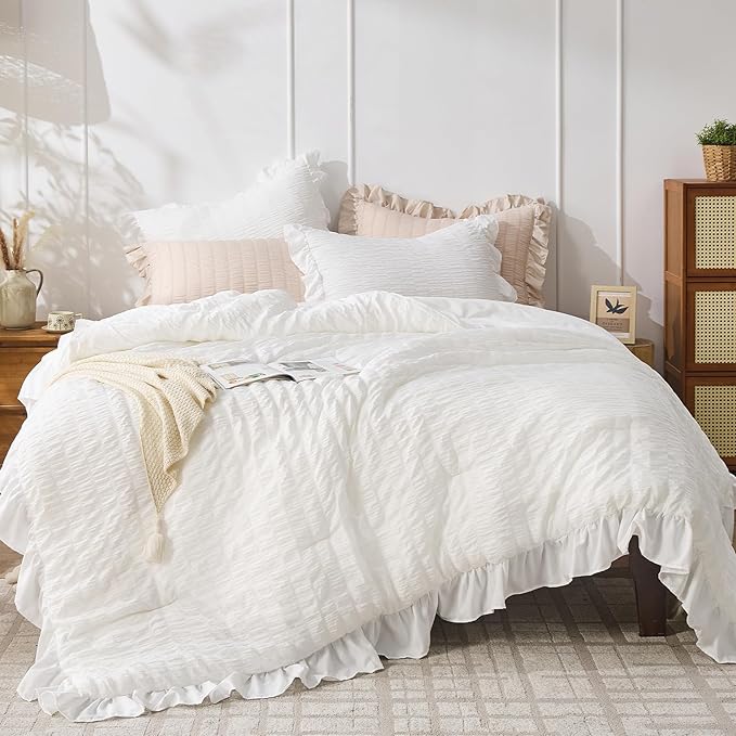 JOLLYVOGUE White Comforter Full Size, 3 Pieces Seersucker Lightweight Full Size by JOLLYVOGUE