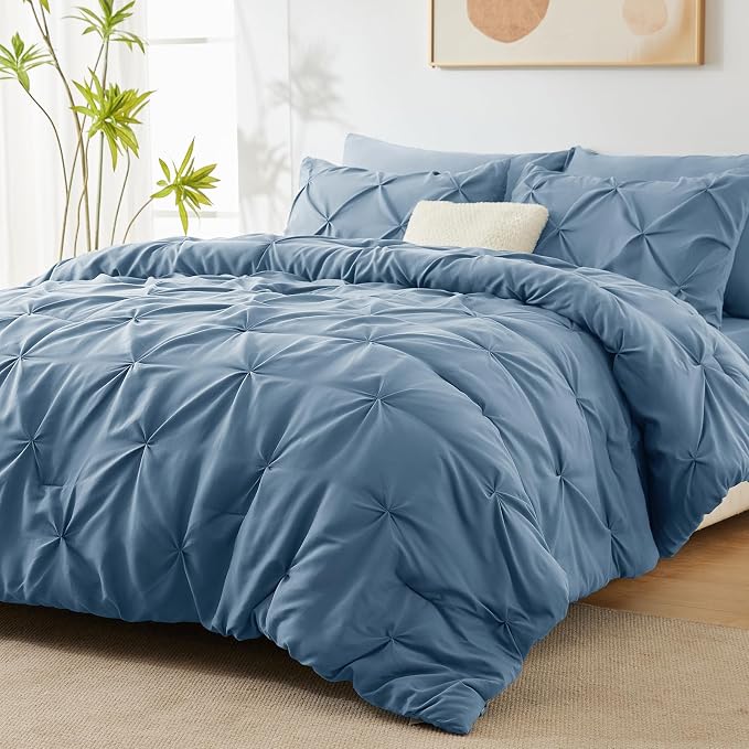 CozyLux King Size Comforter Set Grayish Blue, 7 Pieces Pintuck Bed in A Bag - Image 9