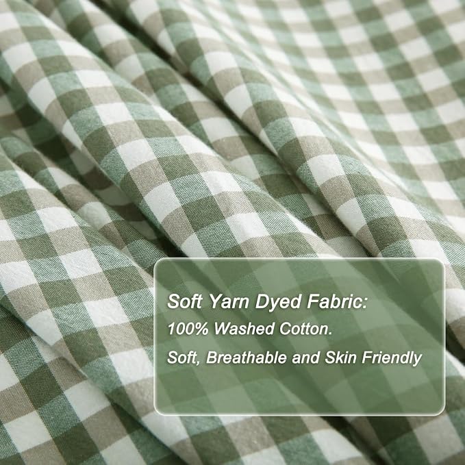 Silnuo Sage Green/White Plaid Ruffle Duvet Cover King Size, 100% Washed Cotton - Image 6
