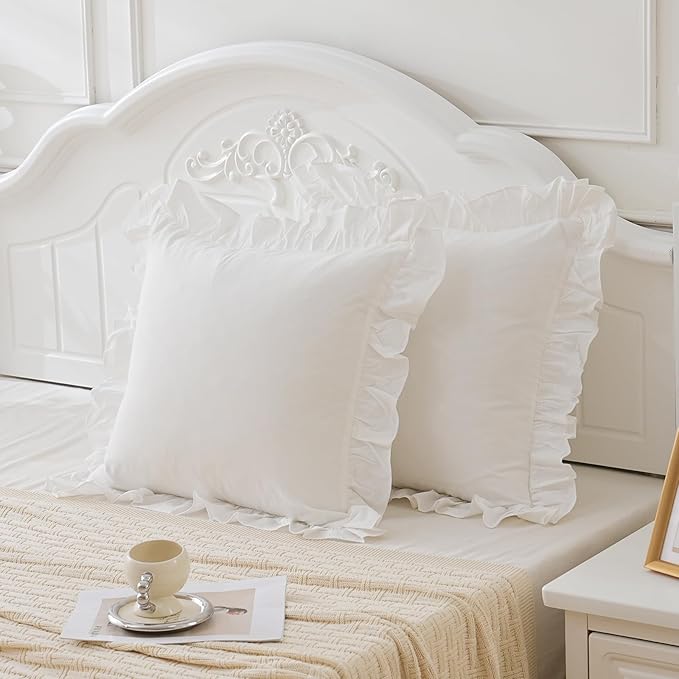 Vintage Off White Ruffle Euro Shams Shabby Farmhouse Pillow Cover 100% Washed - Image 2