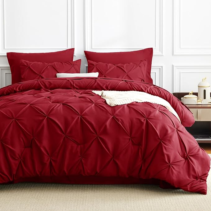 HIMEET Pintuck Bed in a Bag, 7 Pieces Queen Size Comforter Set Dark Red - Image 9