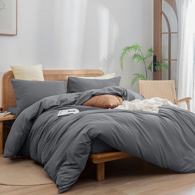 BESTOUCH Duvet Cover Set 100% Washed Cotton Linen Feel Super Soft Comfortable - Image 4