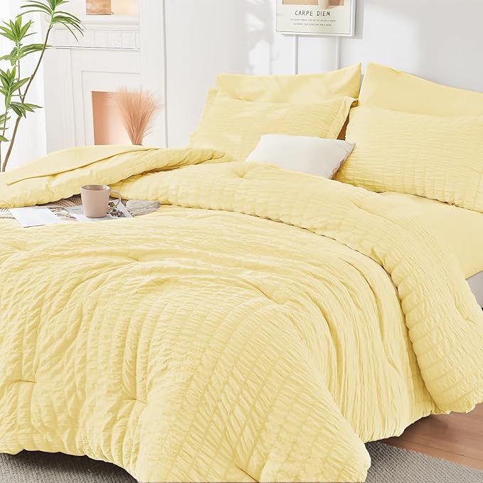 HYMOKEGE Yellow California King Comforter Set Seersucker 7 Pieces, All Season by HYMOKEGE