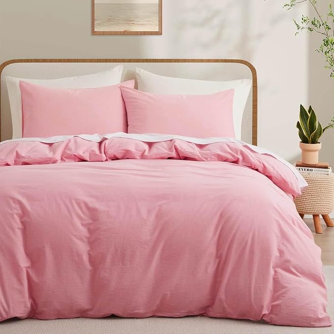 LOVQUE Pink Cotton Duvet Cover Queen Size, Linen Like Natural Bedding Set by LOVQUE