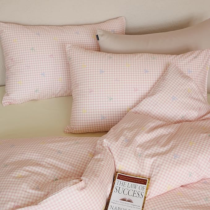 mixinni Gingham Duvet Cover Twin Size, 100% Cotton Light Pink and White Gingham - Image 8