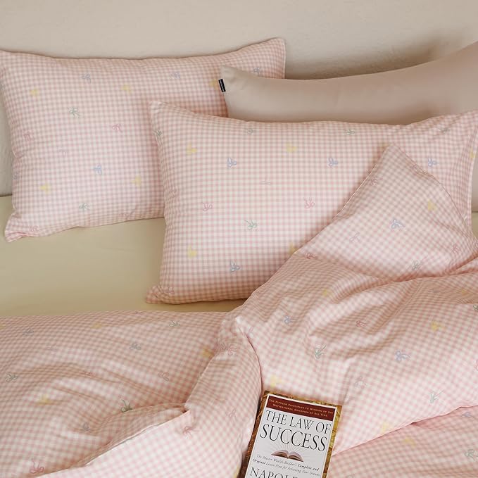 mixinni Gingham Duvet Cover Twin XL Size, 100% Cotton Light Pink and White - Image 8
