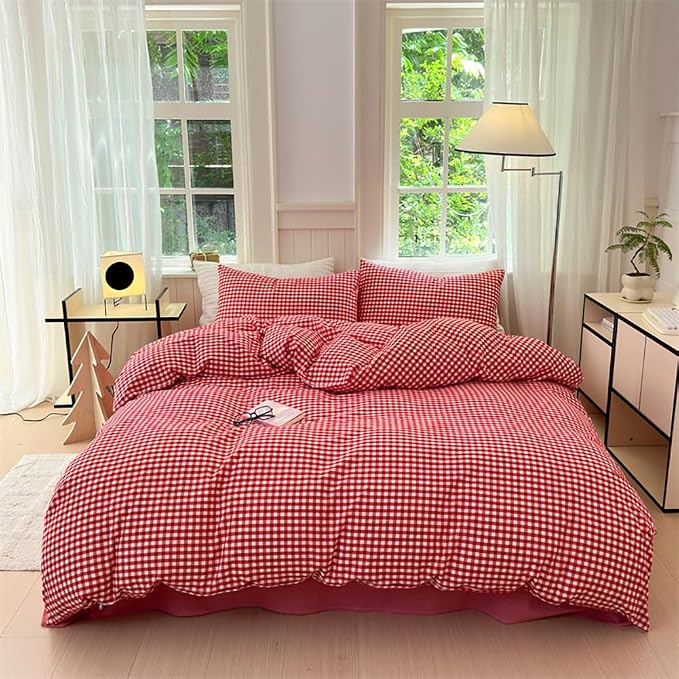 Nayoroom Red Gingham Duvet Cover Queen Size 100% Washed Cotton Plaid Checkered - Image 6