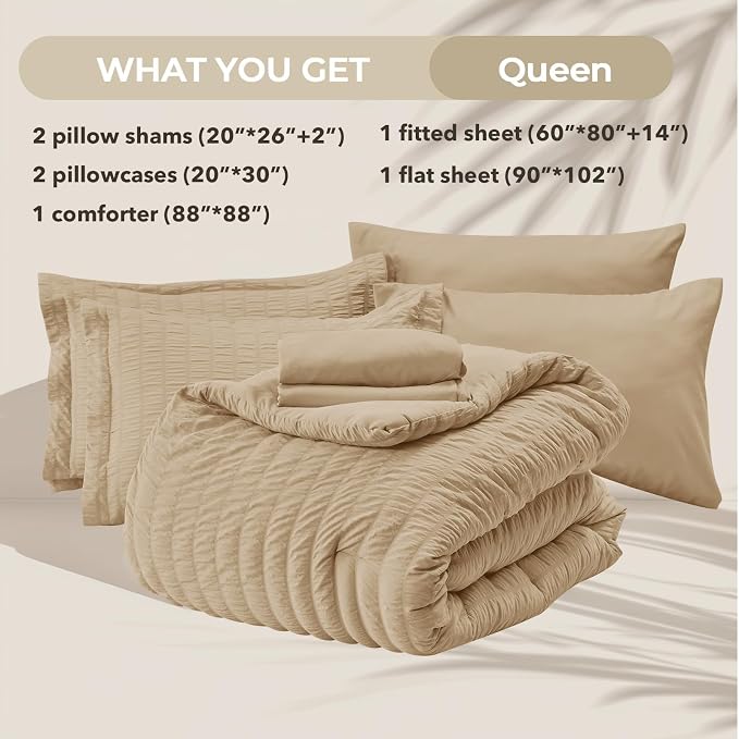 HYMOKEGE Khaki Queen Comforter Set Seersucker 7 Pieces, All Season Luxury Bed - Image 5