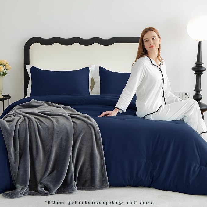 CozyLux Twin Comforter Set Navy Blue, 2 Pieces Twin Extra Long Solid Breathable - Image 9