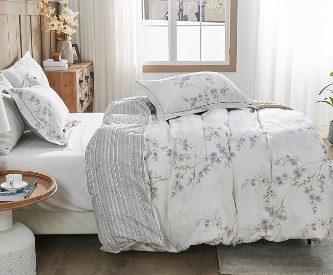 SLEEPBELLA Reversible Duvet Cover King, Elegant Purple Blossom on White - Image 3