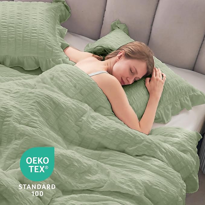 JOLLYVOGUE Sage Green King Comforter Set, 3 Pieces Seersucker Comforters King - Image 6