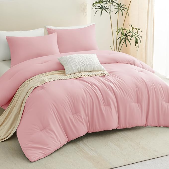 CozyLux Full Size Comforter Set Pink, 3 Pieces Solid Breathable Quilted Bedding - Image 9