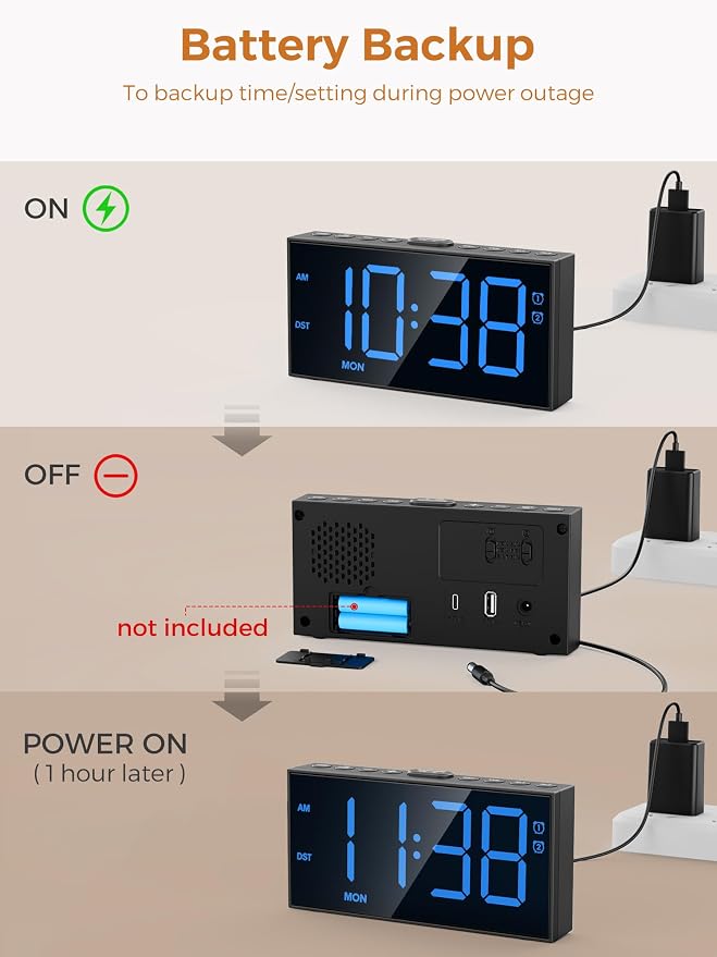 PPLEE Digital Alarm Clocks for Bedrooms Heavy Sleepers, 2 Alarms, Upgrade 7-5-2 - Image 6