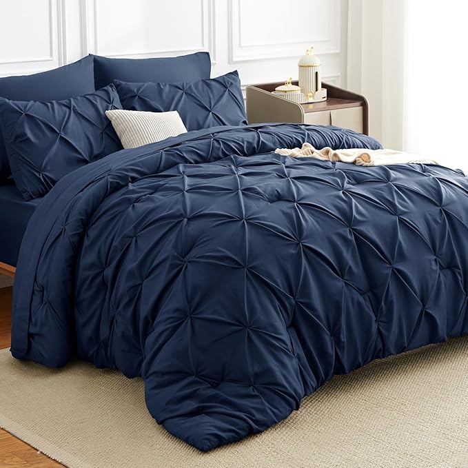 HIMEET Pintuck Bed in a Bag, 7 Pieces Queen Size Comforter Set Navy Blue by Unknown