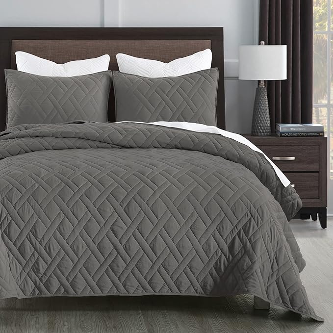 HORIMOTE HOME Quilt Set King Size Grey, Classic Geometric Diamond Stitched by HORIMOTEHOME
