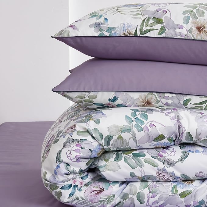 mixinni Garden Style Purple Floral Printed on White Duvet Cover Queen Size - Image 6