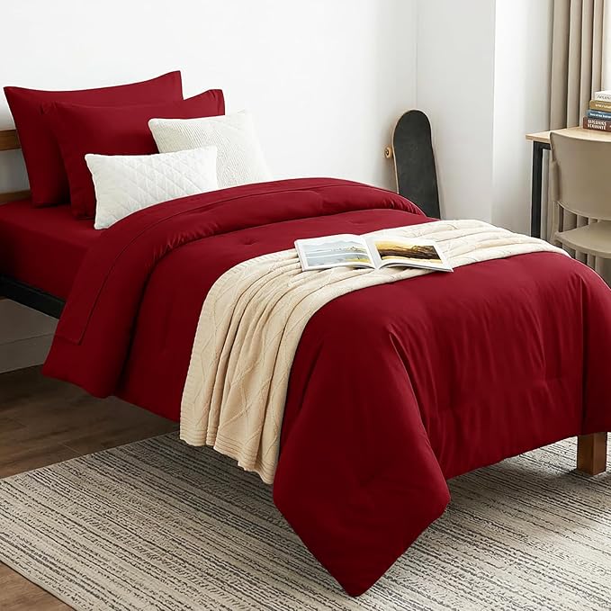 CozyLux Twin XL Comforter Set Dark Red, 5 Pieces Bed in a Bag Twin Extra Long by CozyLux