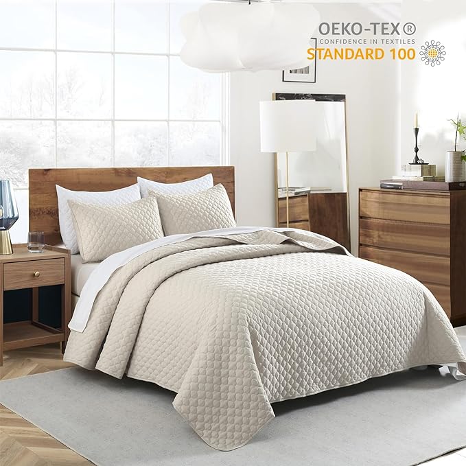 HORIMOTE HOME Quilt Set Twin Size Beige Bedspread, Modern Style Quilted Clouds - Image 2