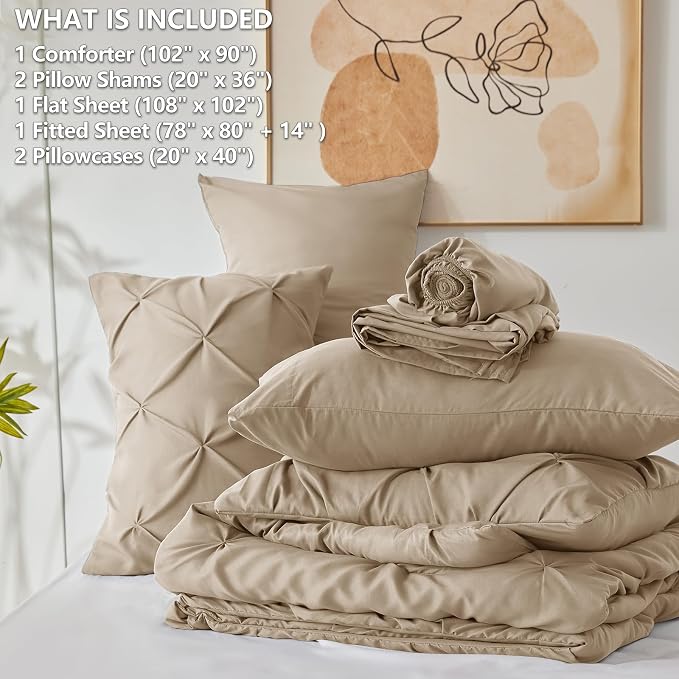 CozyLux King Size Comforter Set Taupe, 7 Pieces Pintuck Bed in A Bag Taupe - Image 6