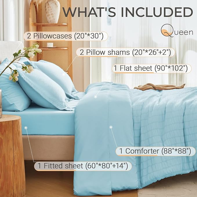 MUXHOMO 7 Pieces Queen Comforter Set, Seersucker Bed in a Bag Queen Size - Image 4