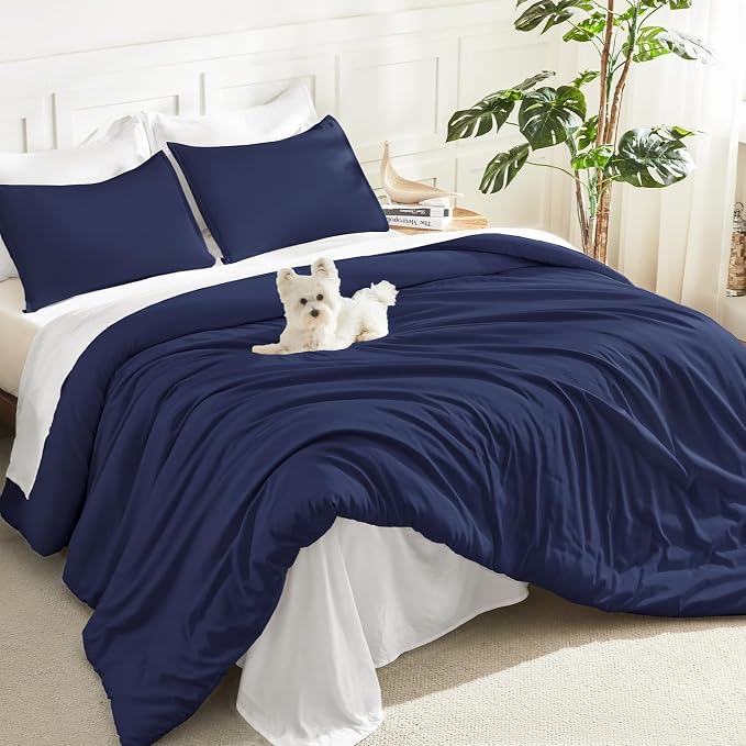 Litanika Navy Blue Comforter Set Full Size, 3 Pieces Boys Men Lightweight Solid by Litanika