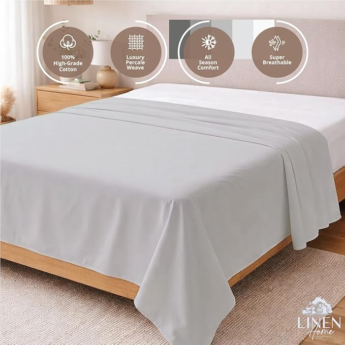 Linen Home 100% Cotton Percale 1 Flat Sheet, King Size - Image 3