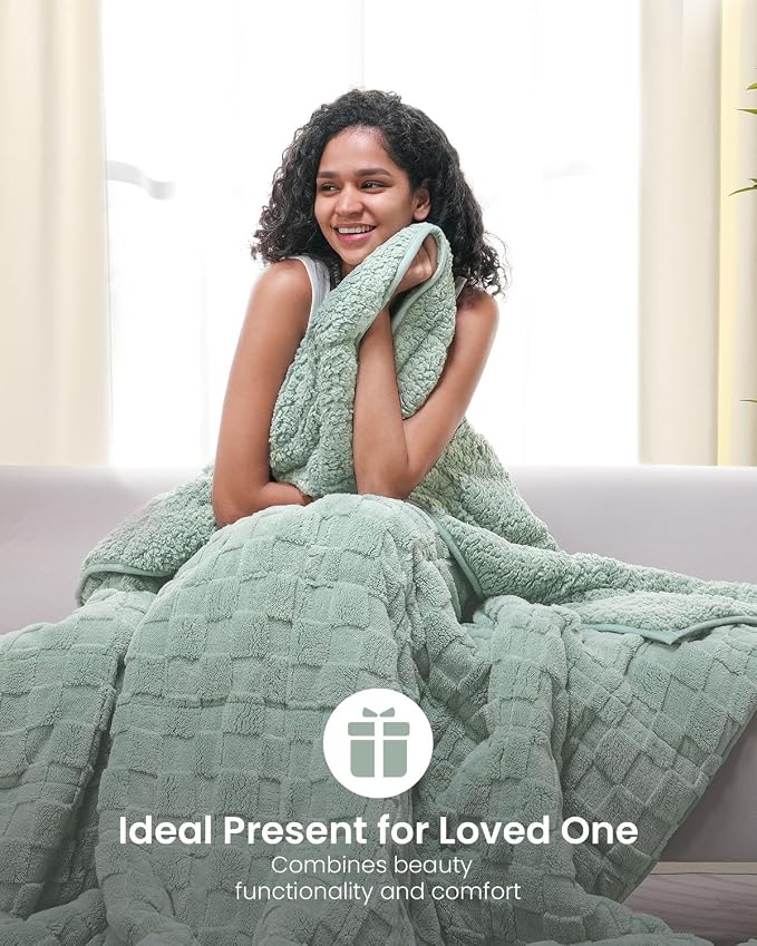 Drewin 15lbs Weighted Blanket Queen Size, Classy Soft Jacquard Checkered Sherpa - Image 7
