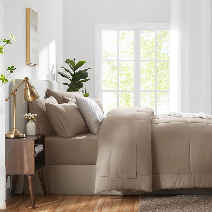 CozyLux Full Size Comforter Sets Khaki, 7 Pieces Bed in a Bag, Khaki Comforter - Image 9
