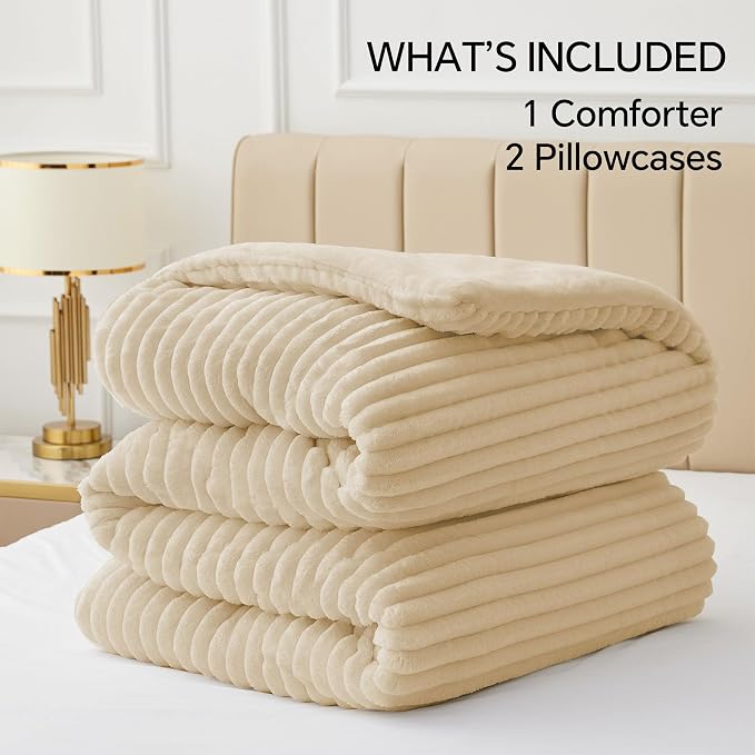 BEDELITE Fleece Queen Comforter Set -Super Soft & Warm Fluffy Beige Bedding - Image 6