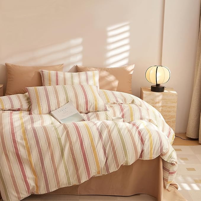mixinni Vintage Striped Duvet Cover Set Full, 3-Piece Washed Cotton Bedding Set - Image 6