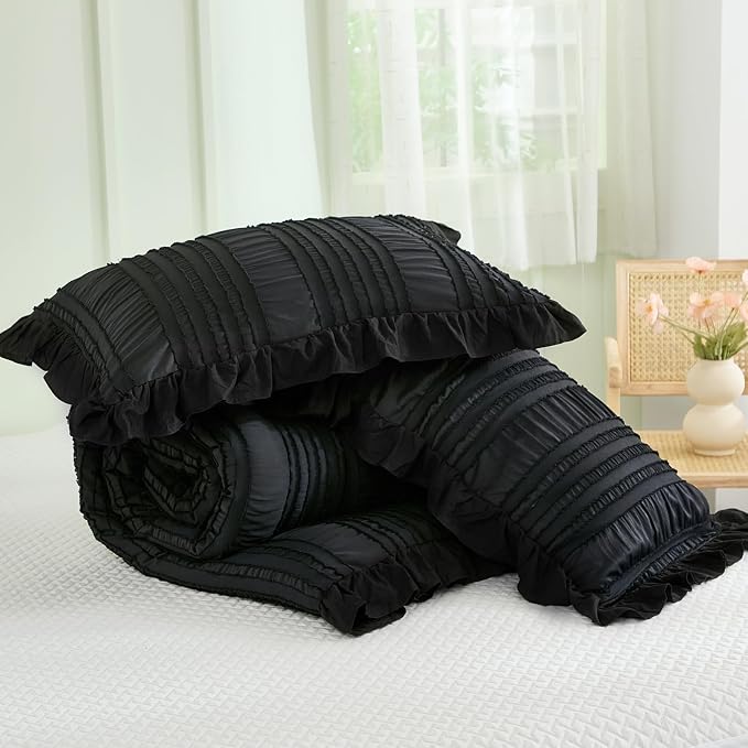 WONGS BEDDING Black Comforter Set Queen, 3 Pieces Ruffle Farmhouse Shabby Chic - Image 7