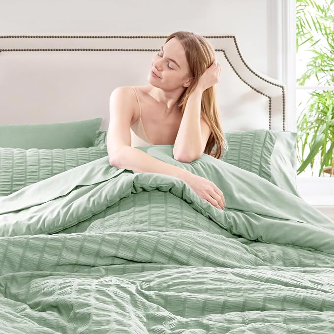CozyLux King Size Comforter Set Sage Green Seersucker 7 Pieces Bed in a Bag - Image 5