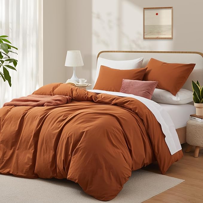 Burnt Orange Duvet Cover Full Size, 100% Washed Cotton Linen Like Bedding Set - Image 2